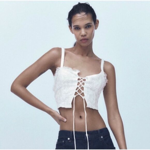 NWOT Zara White Tulle Eyelet Lace Tie Front Crop Top, Size Small - Picture 4 of 15
